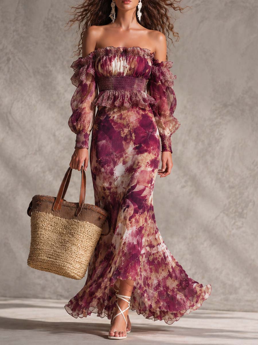 Roze Rozen Floral Off-Shoulder Chiffon Maxi Jurk