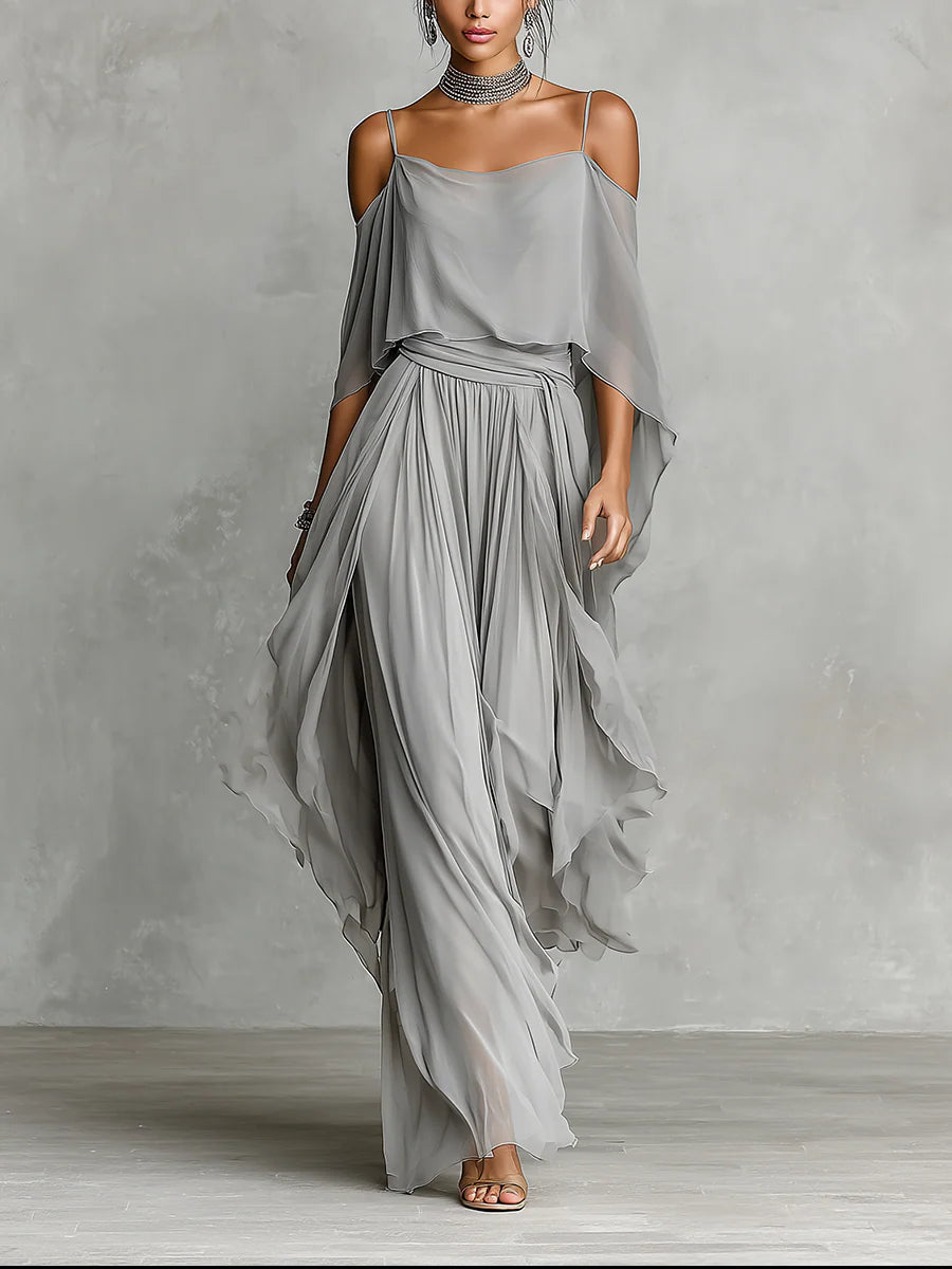 Grijze off-shoulder flowy camisole en broek chiffon set