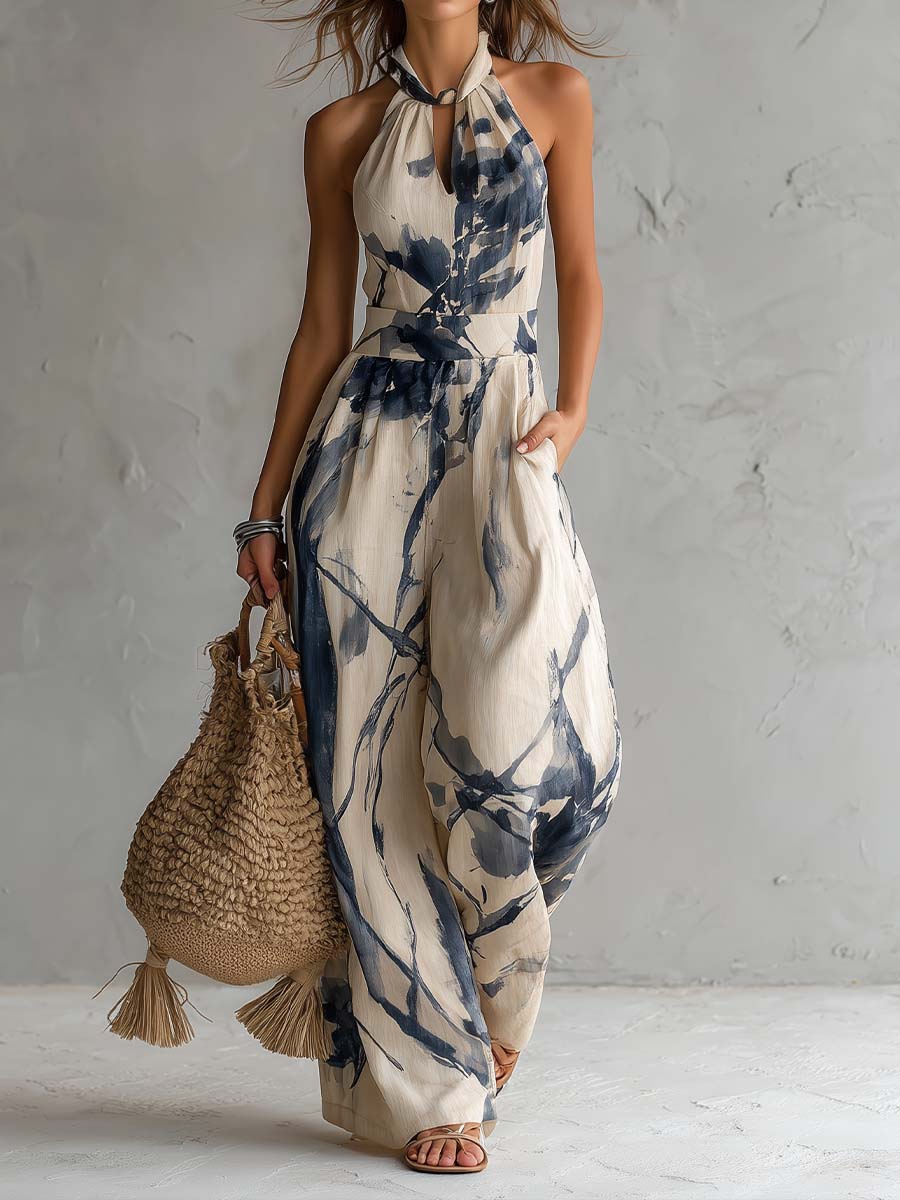 Halter Neck Inkt Was Print Wijde Pijpen Jumpsuit Met Zakken