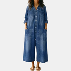 Dames Wijde Pijpen Knop Voor Gewassen Denim Jumpsuit