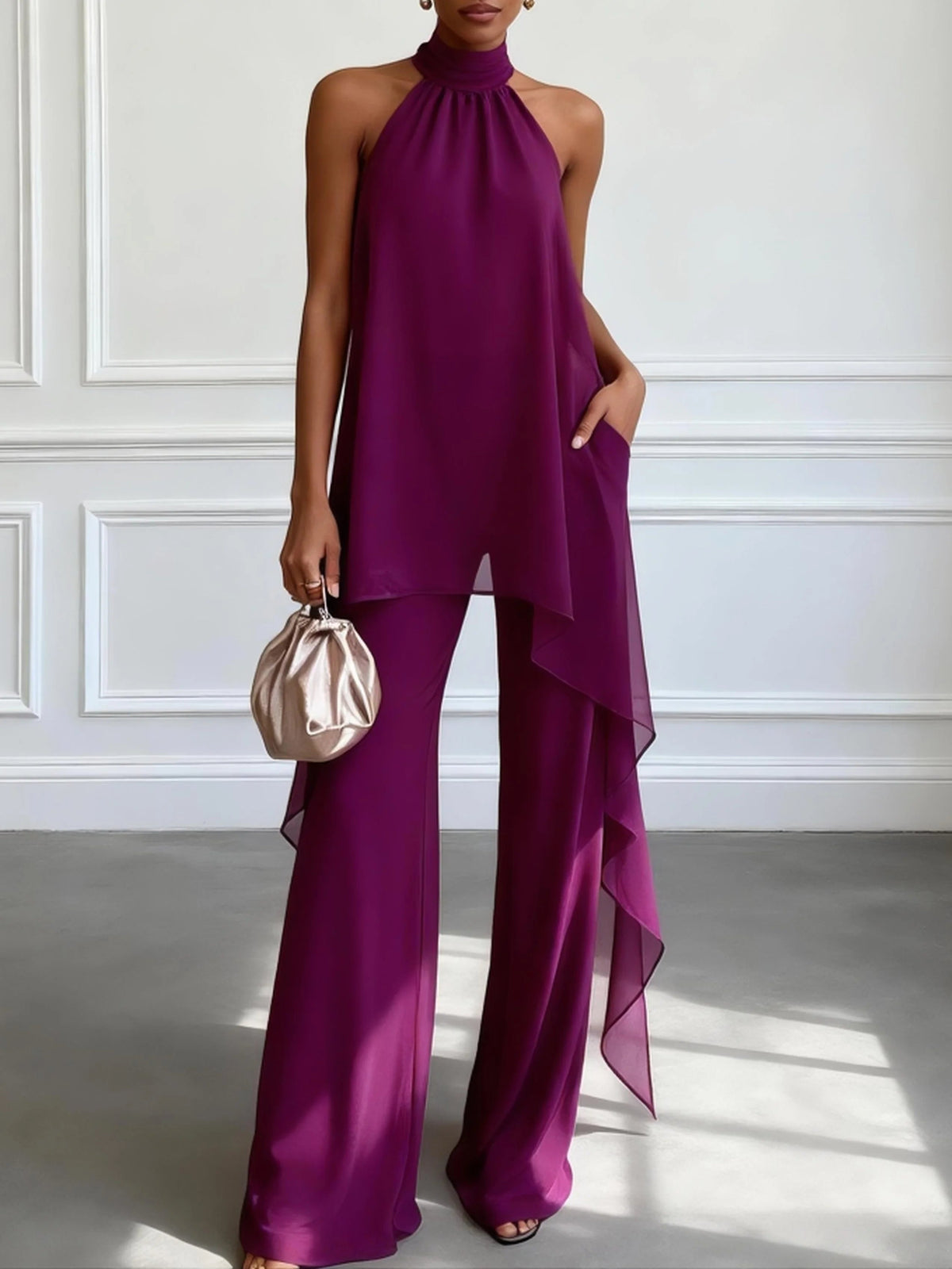 Paarse Halter Mouwloze Elegante Top Met Broek Twee-delige Set