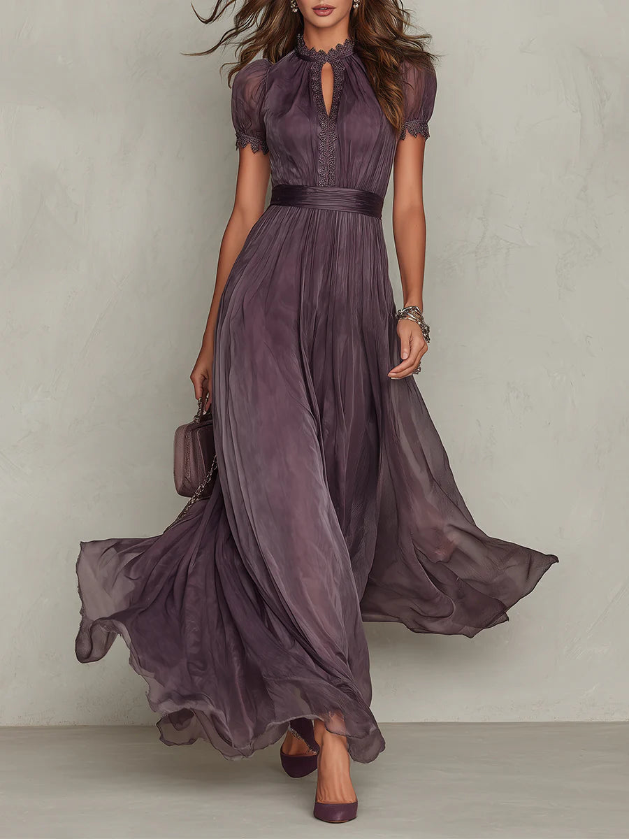 Paarse Sleutelgat Halslijn Chiffon Kant Trim Maxi Jurk