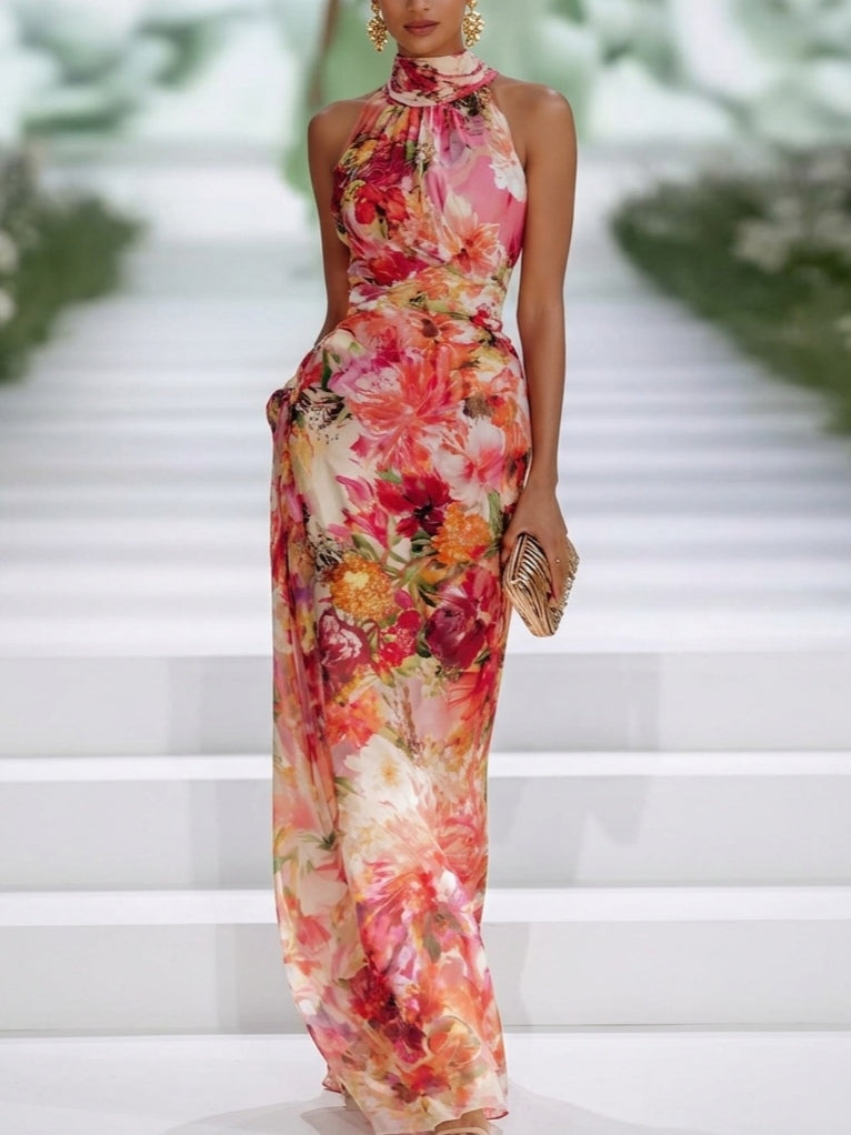 Rode Chiffon Bloemen Halternek Mouwloze Maxi Jurk