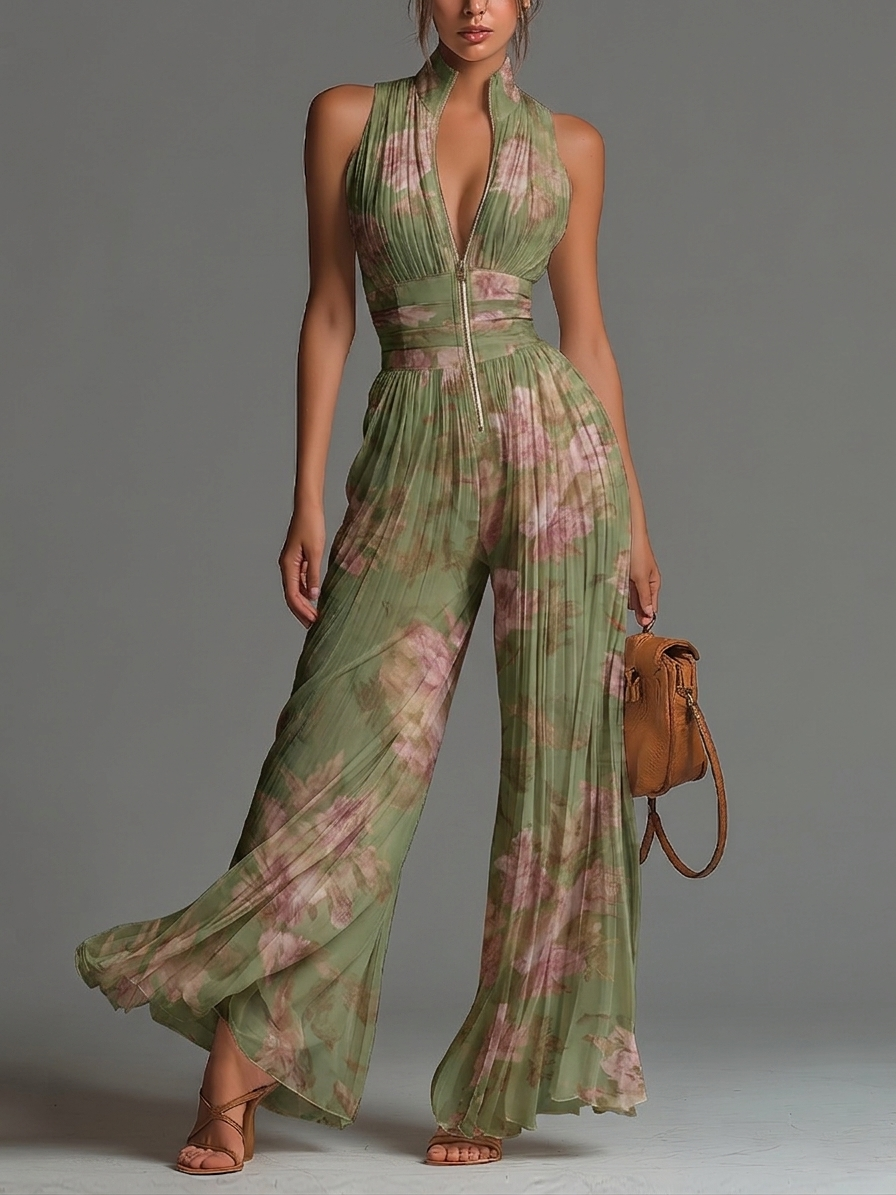Groene Bloemen V-hals Mouwloos Rits Plissé Wijde Chiffon Jumpsuit