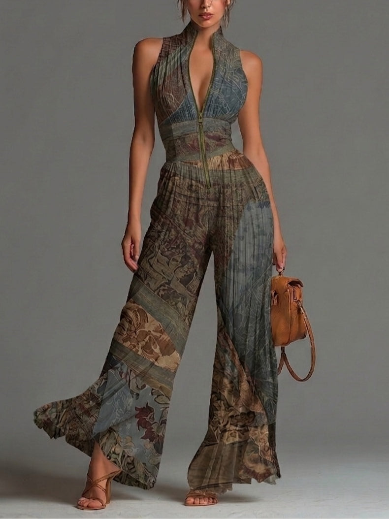Boheemse Etnische Print Mouwloze Rits Plissé Wijd-Pijpen Chiffon Jumpsuit