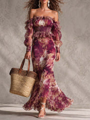 Roze Rozen Floral Off-Shoulder Chiffon Maxi Jurk