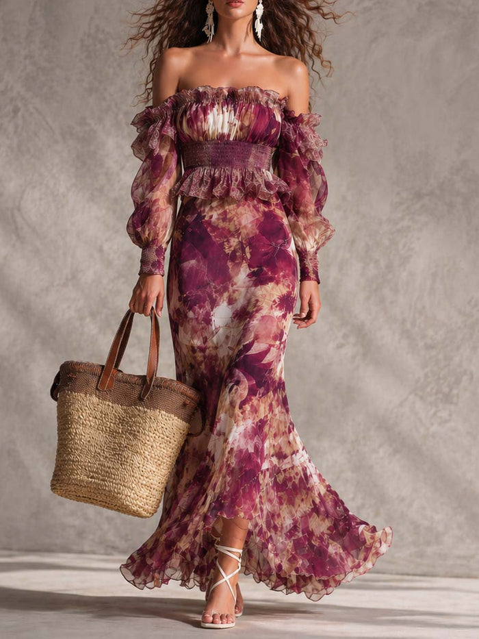 Roze Rozen Floral Off-Shoulder Chiffon Maxi Jurk