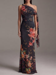 Zwarte Eén-Schouder Geprinte Geplooide Chiffon Maxi Jurk