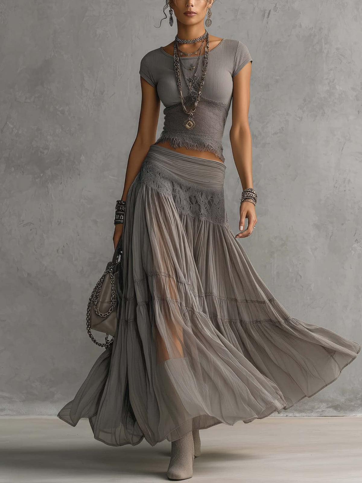 Grijze Doorzichtige Kantpaneel Top en Geplooide Maxi Rok Set