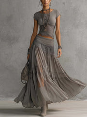 Grijze Doorzichtige Kantpaneel Top en Geplooide Maxi Rok Set
