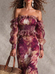 Roze Rozen Floral Off-Shoulder Chiffon Maxi Jurk