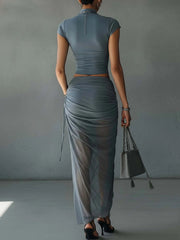 Blauwe Cropped T-Shirt en Transparante Mesh Draped Rok Set