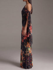 Zwarte Eén-Schouder Geprinte Geplooide Chiffon Maxi Jurk
