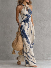 Halter Neck Inkt Was Print Wijde Pijpen Jumpsuit Met Zakken