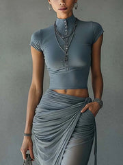 Blauwe Cropped T-Shirt en Transparante Mesh Draped Rok Set