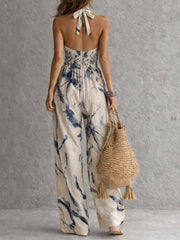 Halter Neck Inkt Was Print Wijde Pijpen Jumpsuit Met Zakken