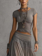 Grijze Doorzichtige Kantpaneel Top en Geplooide Maxi Rok Set