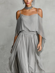 Grijze off-shoulder flowy camisole en broek chiffon set