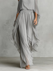 Grijze off-shoulder flowy camisole en broek chiffon set