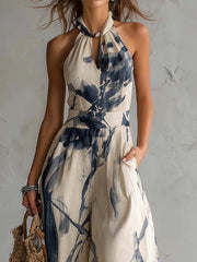 Halter Neck Inkt Was Print Wijde Pijpen Jumpsuit Met Zakken