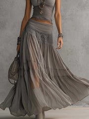 Grijze Doorzichtige Kantpaneel Top en Geplooide Maxi Rok Set