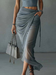Blauwe Cropped T-Shirt en Transparante Mesh Draped Rok Set