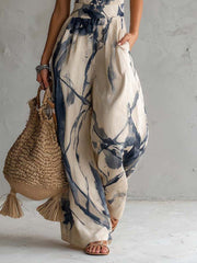 Halter Neck Inkt Was Print Wijde Pijpen Jumpsuit Met Zakken
