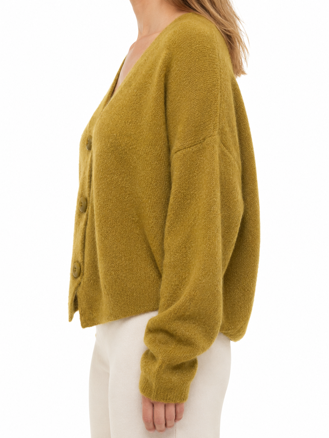 Mosterdgele gebreide cardigan - zijkant