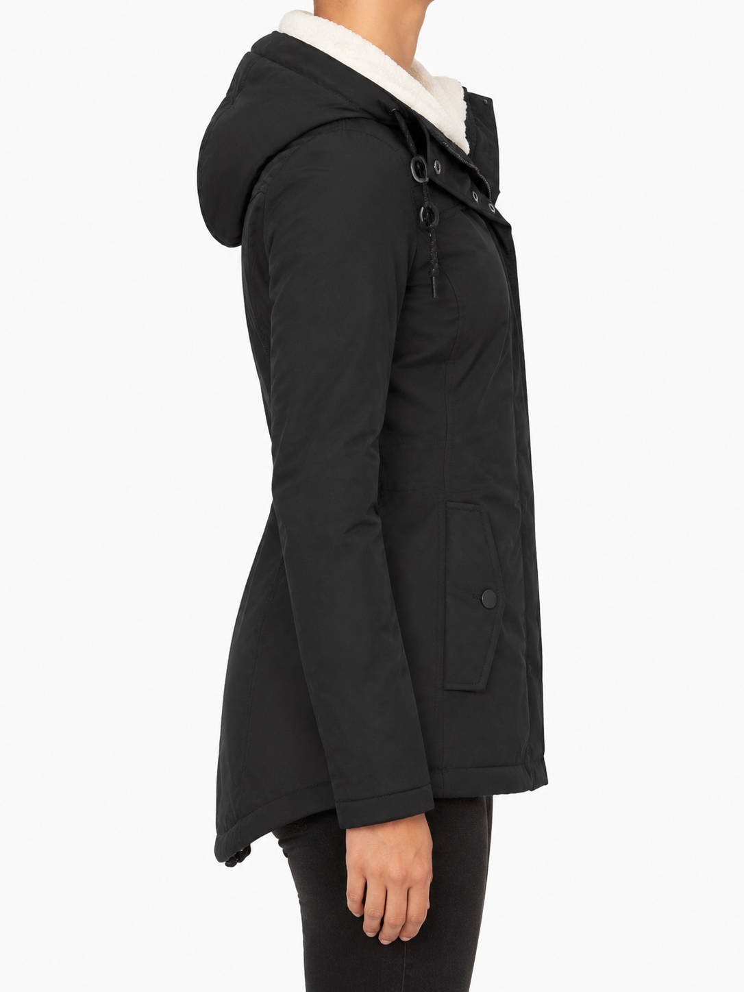 Zwarte parka jas met sherpa capuchon - zijkant