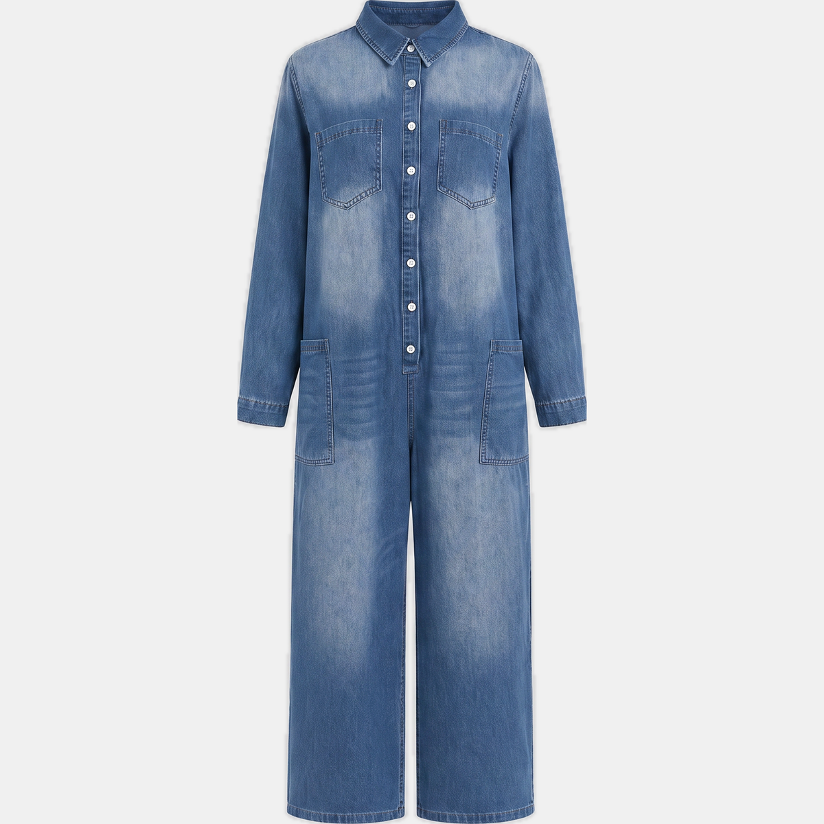 Dames Wijde Pijpen Knop Voor Gewassen Denim Jumpsuit