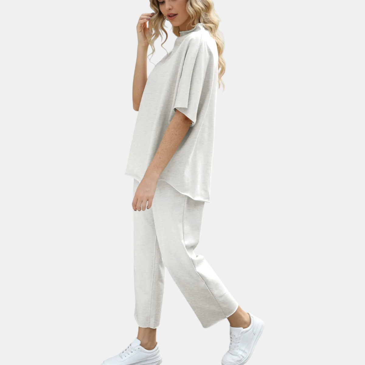 Dames Mock Neck Lounge Set Brede Pijpen Cropped Broek