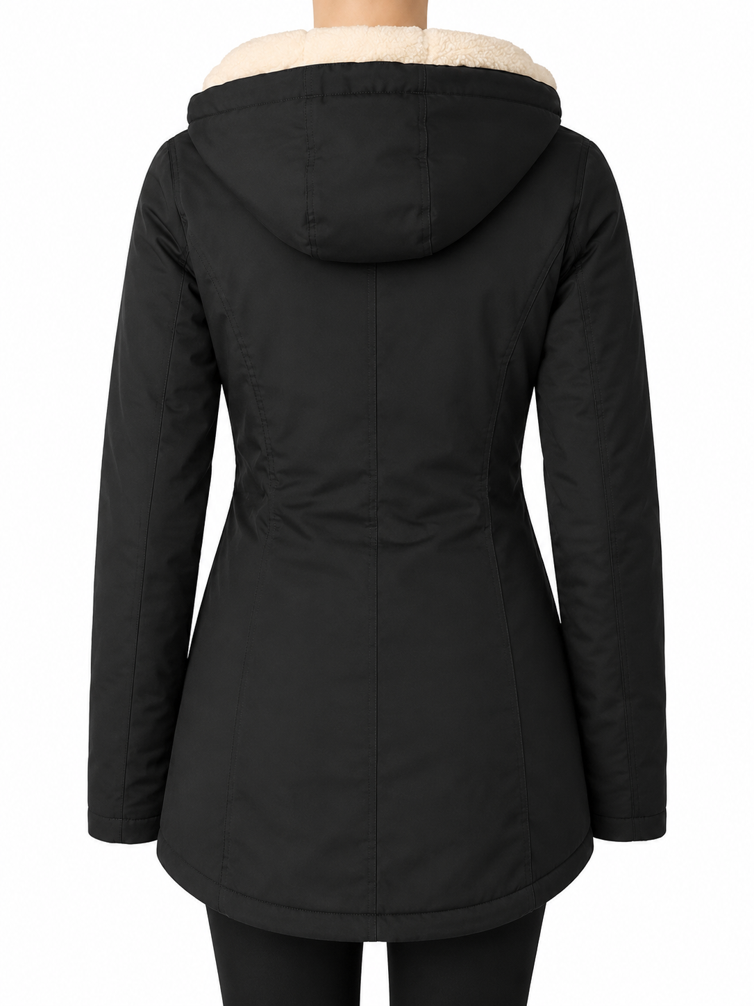 Zwarte parka jas met sherpa capuchon - achterkant