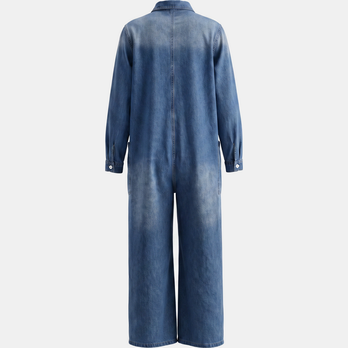 Dames Wijde Pijpen Knop Voor Gewassen Denim Jumpsuit