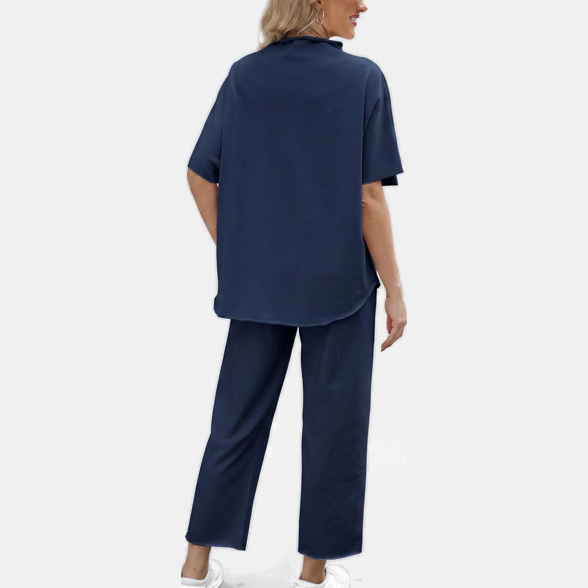 Dames Mock Neck Lounge Set Brede Pijpen Cropped Broek