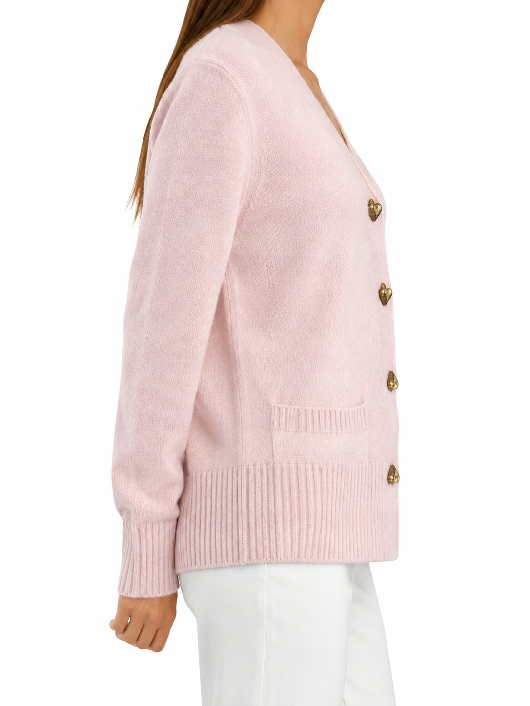 Lichtroze cardigan met hartvormige knopen - zijkant