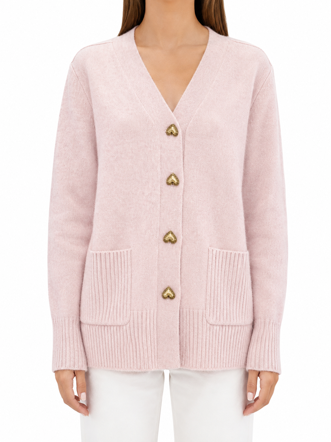 Lichtroze cardigan met hartvormige knopen - voorkant