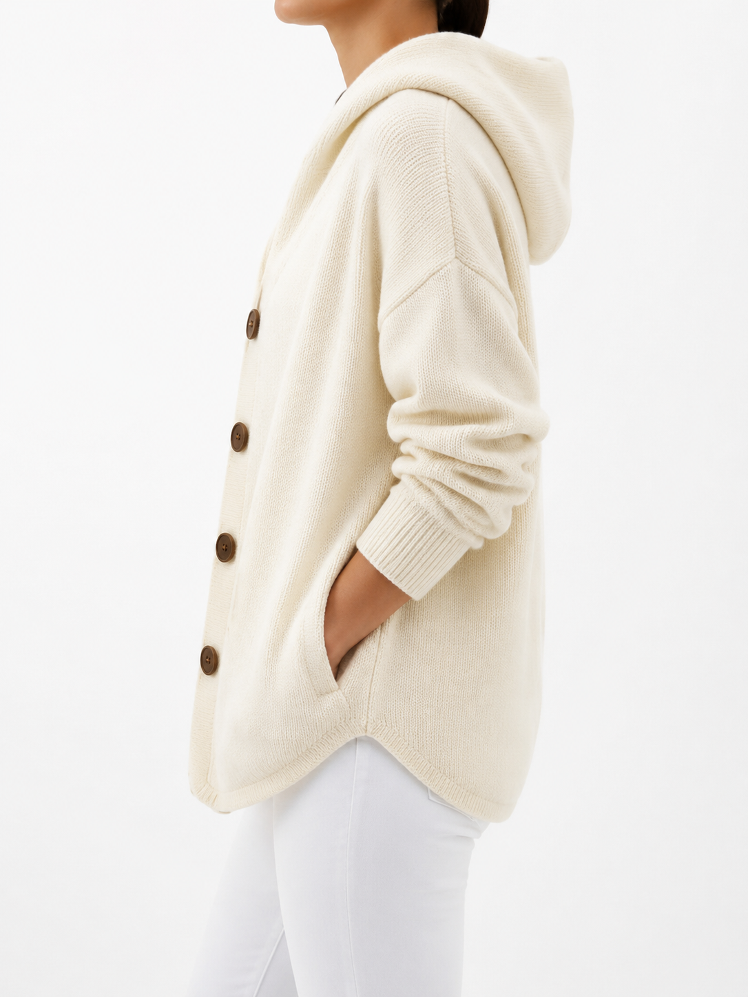 Ecru cardigan met capuchon - zijkant