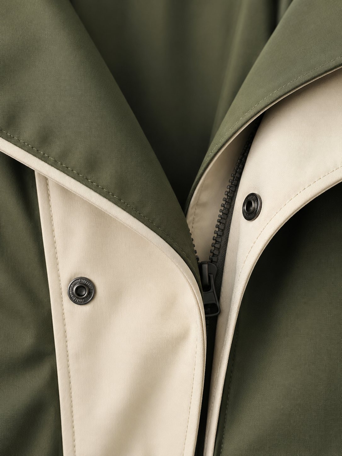 Legergroene jas met crème contrast - detail