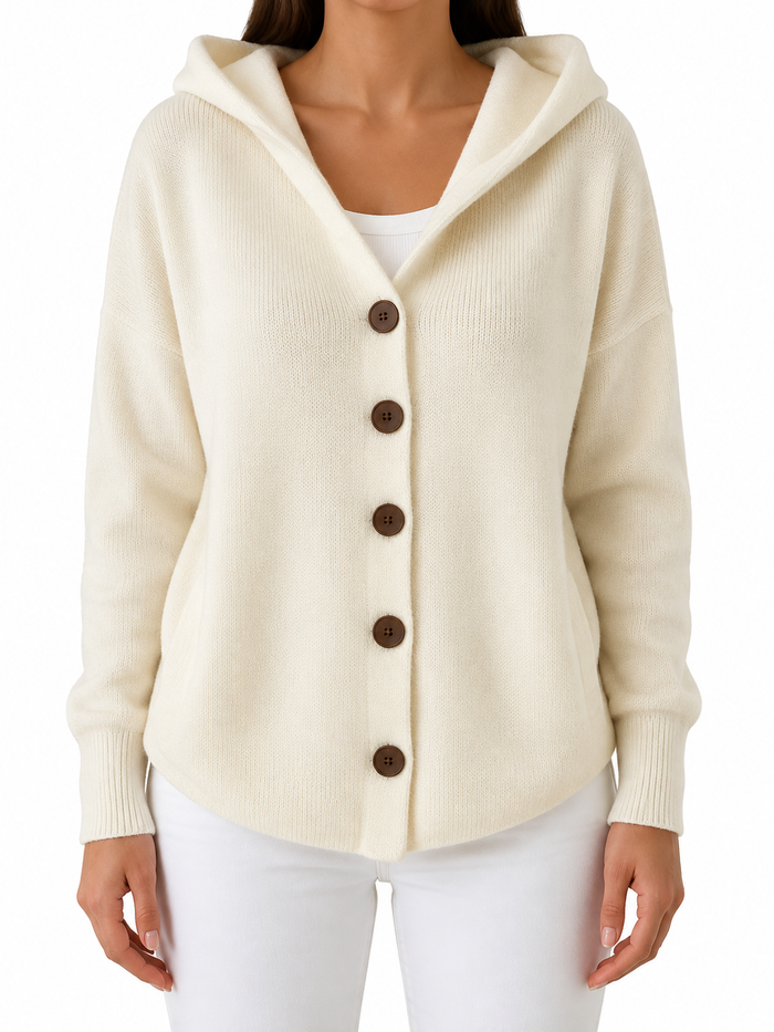 Ecru cardigan met capuchon - voorkant