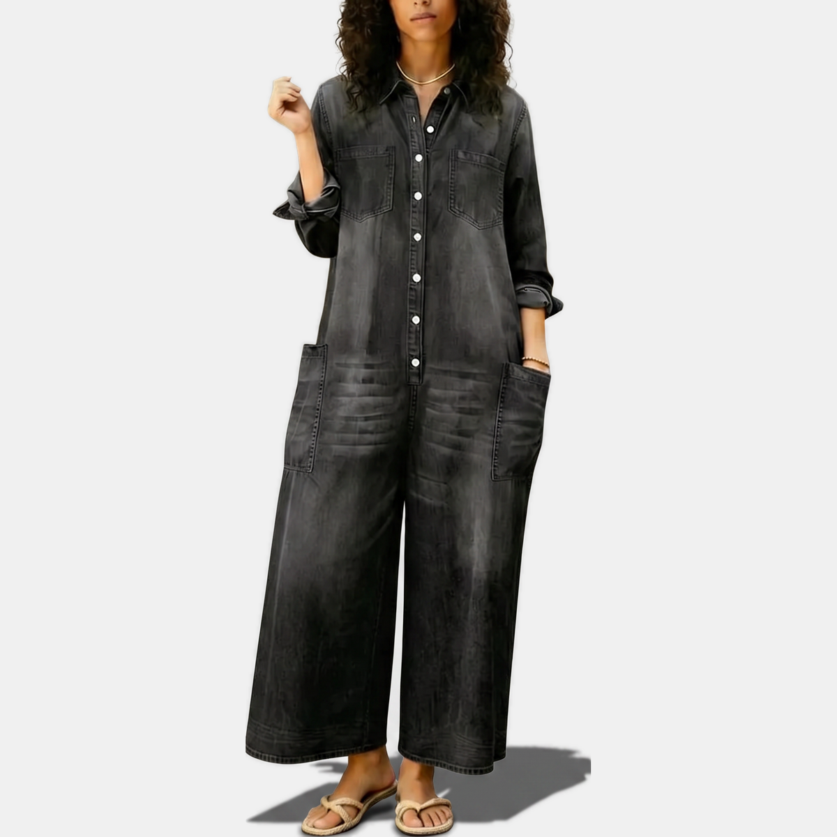 Dames Wijde Pijpen Knop Voor Gewassen Denim Jumpsuit