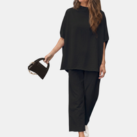 Dames Mock Neck Lounge Set Brede Pijpen Cropped Broek