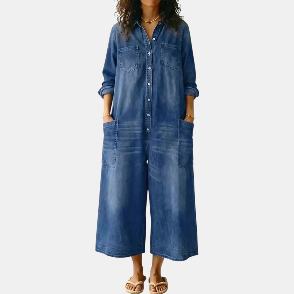 Dames Wijde Pijpen Knop Voor Gewassen Denim Jumpsuit