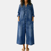 Dames Wijde Pijpen Knop Voor Gewassen Denim Jumpsuit