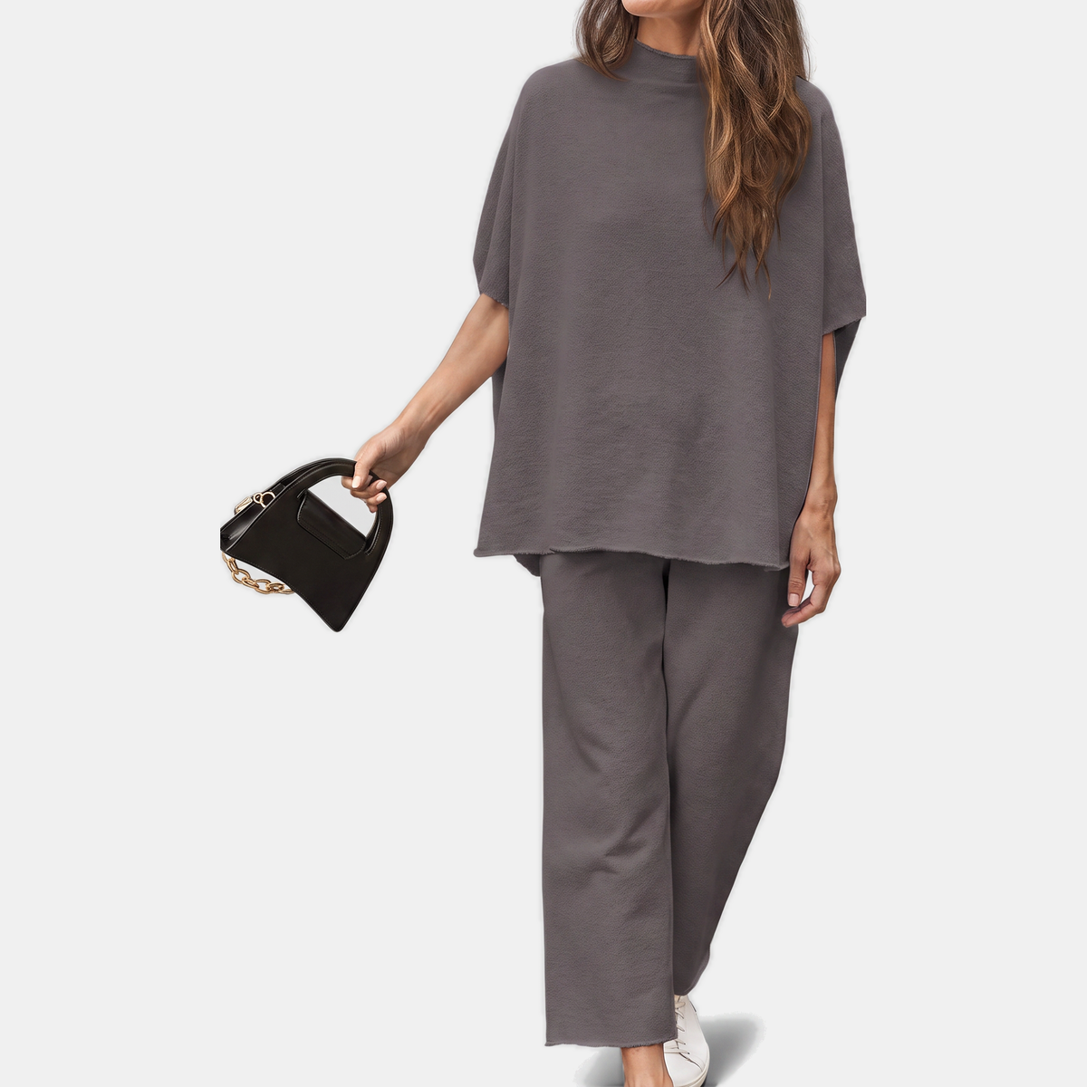 Dames Mock Neck Lounge Set Brede Pijpen Cropped Broek