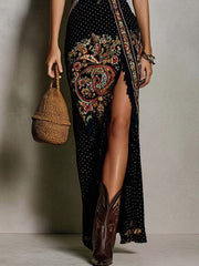 Bohemian-Stijl Geprinte Jurk met Diepe V-Hals en Hoge Splits