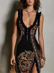 Bohemian-Stijl Geprinte Jurk met Diepe V-Hals en Hoge Splits