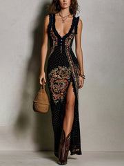 Bohemian-Stijl Geprinte Jurk met Diepe V-Hals en Hoge Splits