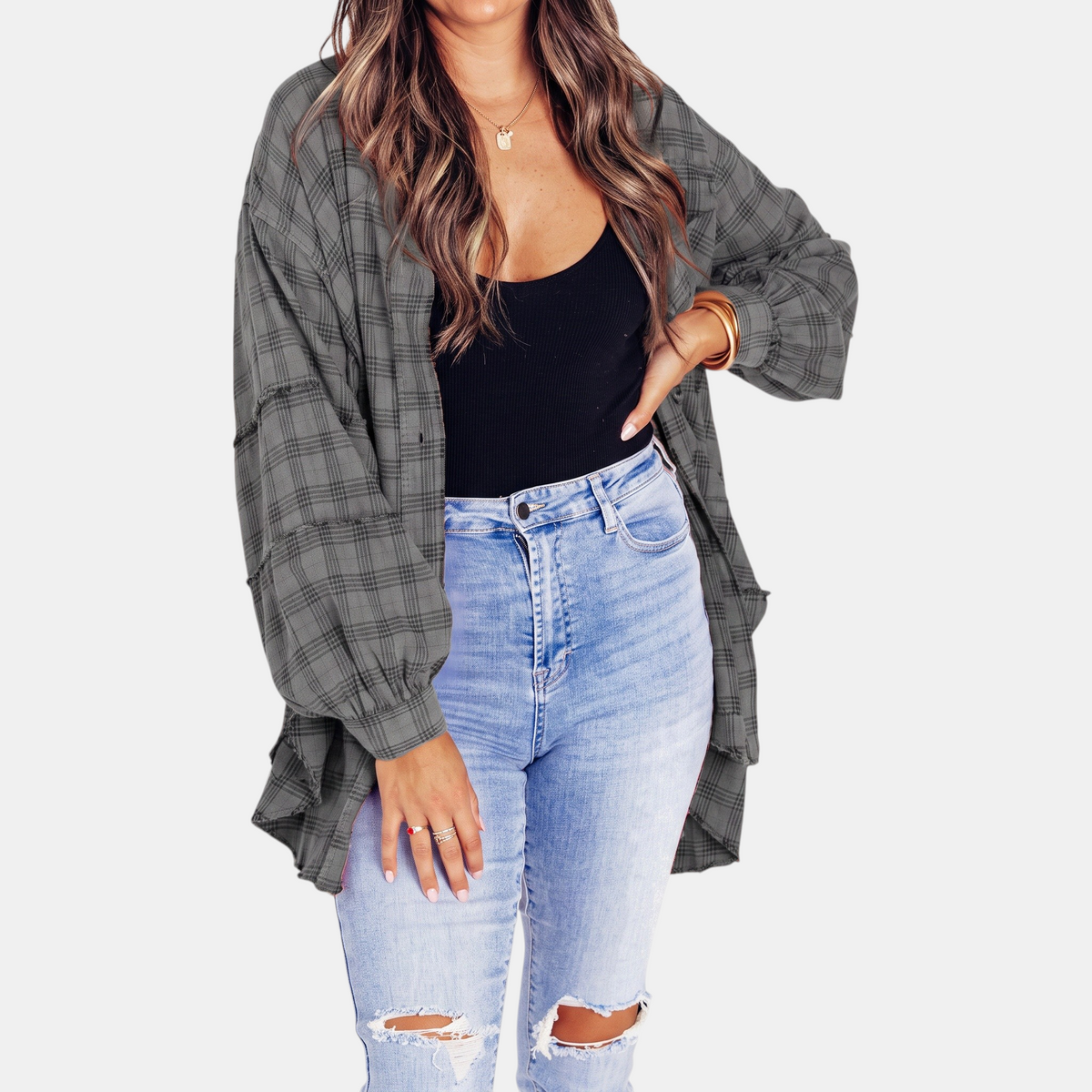 Dames Oversized Flanellen Blouse met Raw Hem en Lange Mouwen