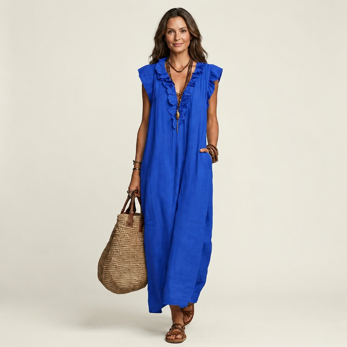 Josette | Ruffle V-Hals Linnen Maxi Jurk