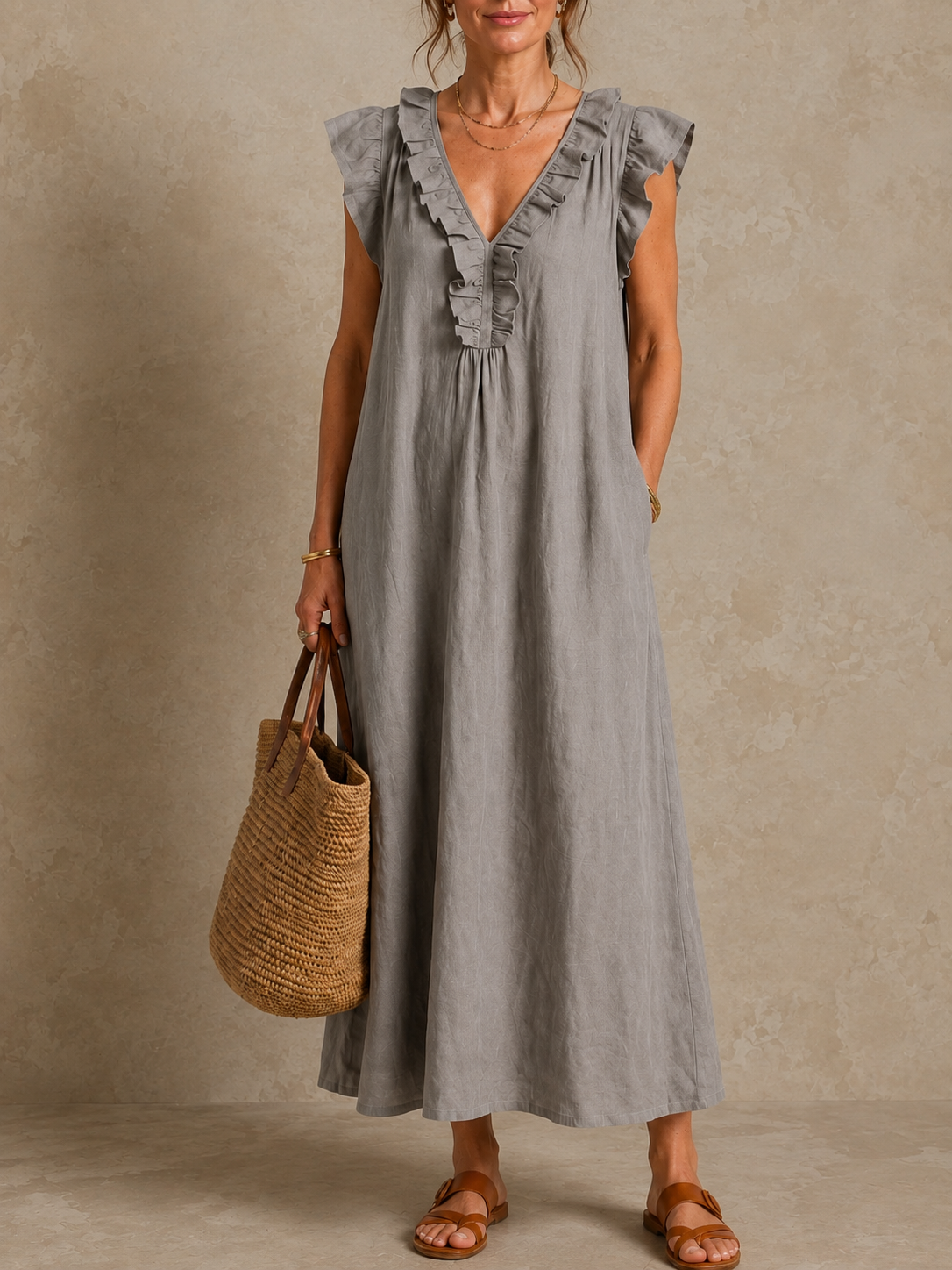 Josette | Ruffle V-Hals Linnen Maxi Jurk
